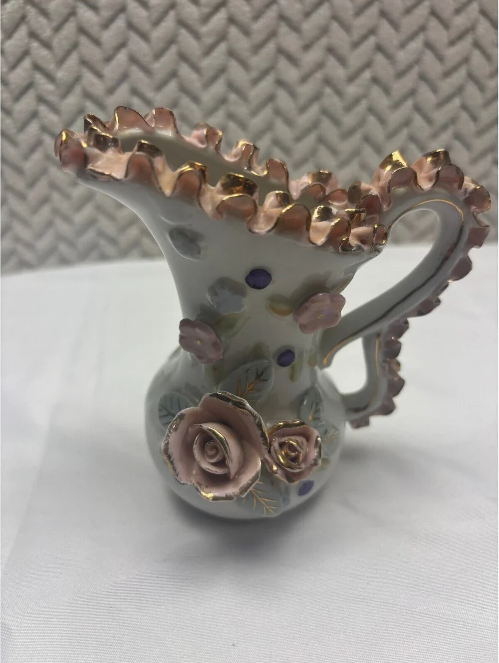 Vintage Small Porcelain Pitcher Vase with Pink and Gold Ruch